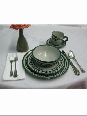 Dinnerware - Paisley / 'Green Rim Paisley' 5 piece dinnerware set (1 person) / This ceramic dinnerware set has a handpainted decoration, it comes adorned with a green and blue paisley pattern, bordered with a green rim. It includes one dinner plate, one salad plate, one soup bowl, a coffee cup and saucer.