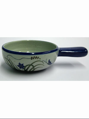 Butterfly Dinnerware / 'Blue Rim Butterfly' Onion soup bowl / The quintessential bowl for onion soups, this dish is decorated with a butterfly, flowers and grass bordered with a cobalt blue rim.