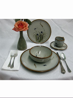 Butterfly Dinnerware / 'Brown Rim Butterfly' 5 piece dinnerware set (1 person) / This ceramic dinnerware set has a handpainted decoration, it comes adorned with a butterfly, flowers and grass bordered with a brown rim. It includes one dinner plate, one salad plate, one soup bowl, a coffee cup and saucer.