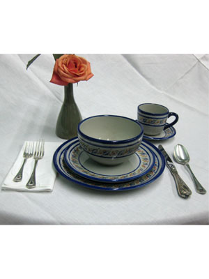 Mexican Dinnerware - Tropical / 'Tropical' 5 piece dinnerware set (1 person) / This ceramic dinnerware set has a cheerful decoration, it comes adorned with a cobalt blue rim and a multicolor motif resembling tropical flowers. It includes one dinner plate, one salad plate, one soup bowl, a coffee cup and saucer.