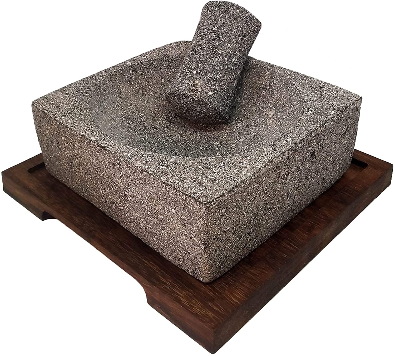 VOLCANIC ROCK PRODUCTS / 8'' Square Mortar and Pestle Set with Parota Wood Serving Board / Sturdy and eye-catching, this large square mortar will be a great addition to your kitchen.