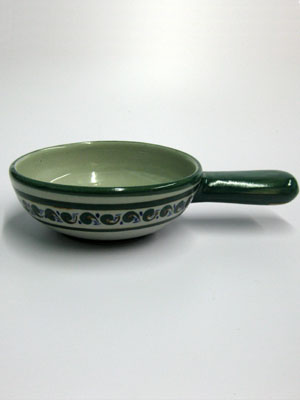 Dinnerware - Paisley / 'Green Rim Paisley' Onion soup bowl / The quintessential bowl for onion soups, this dish is decorated with a green and blue paisley pattern, bordered with a green rim.