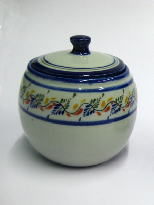 MEXICAN STONEWARE / 'Tropical' Sugar bowl / This lovely sugar bowl comes adorned with a cobalt blue rim and a multicolor motif resembling tropical flowers.