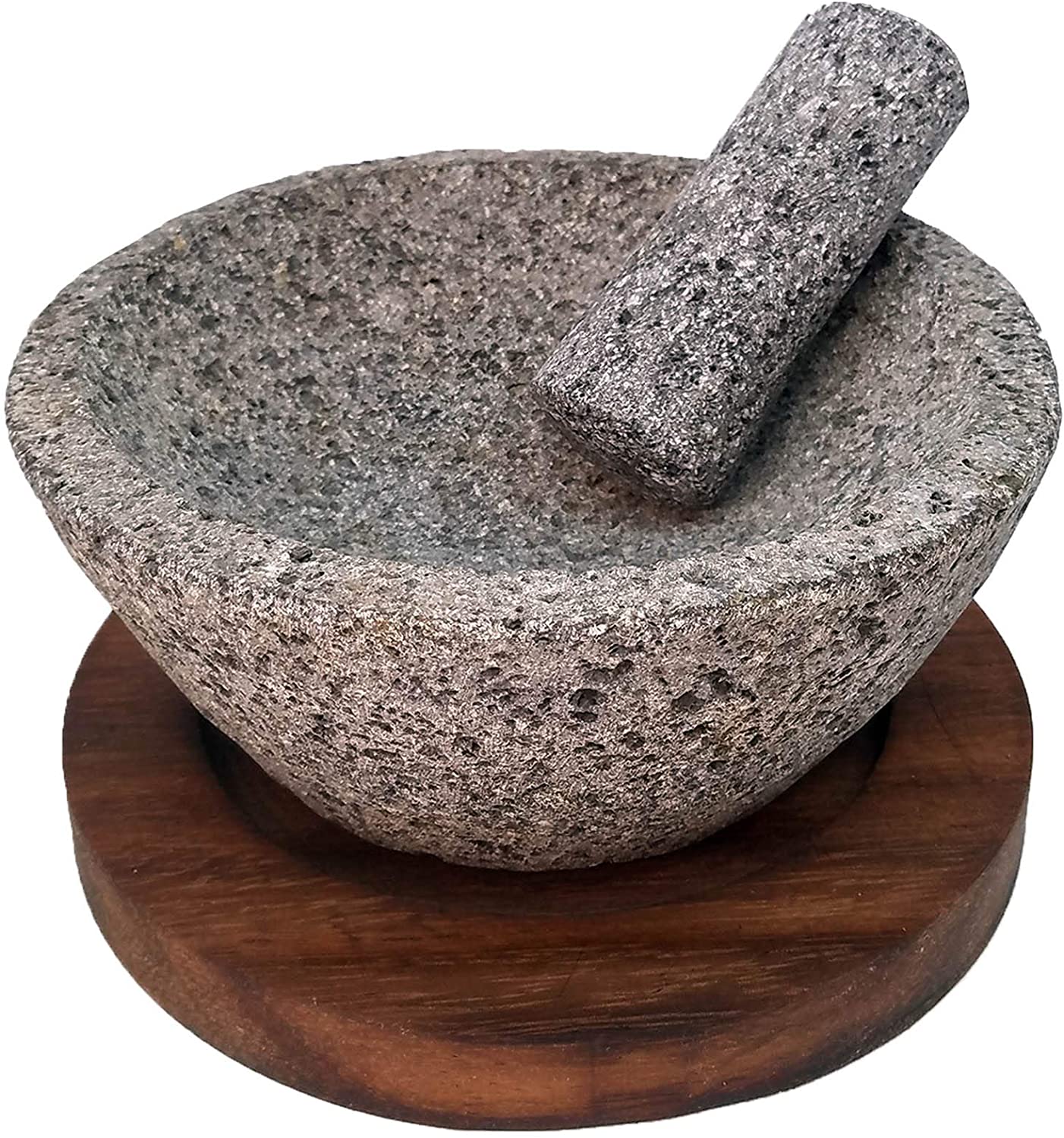 VOLCANIC ROCK PRODUCTS / Round 7'' Mortar and Pestle Set with Parota Wood Serving Board / Treat your guests with delicious homemade salsas and guacamole! This beautifully crafted 7'' round mortar and pestle set is just right for you.